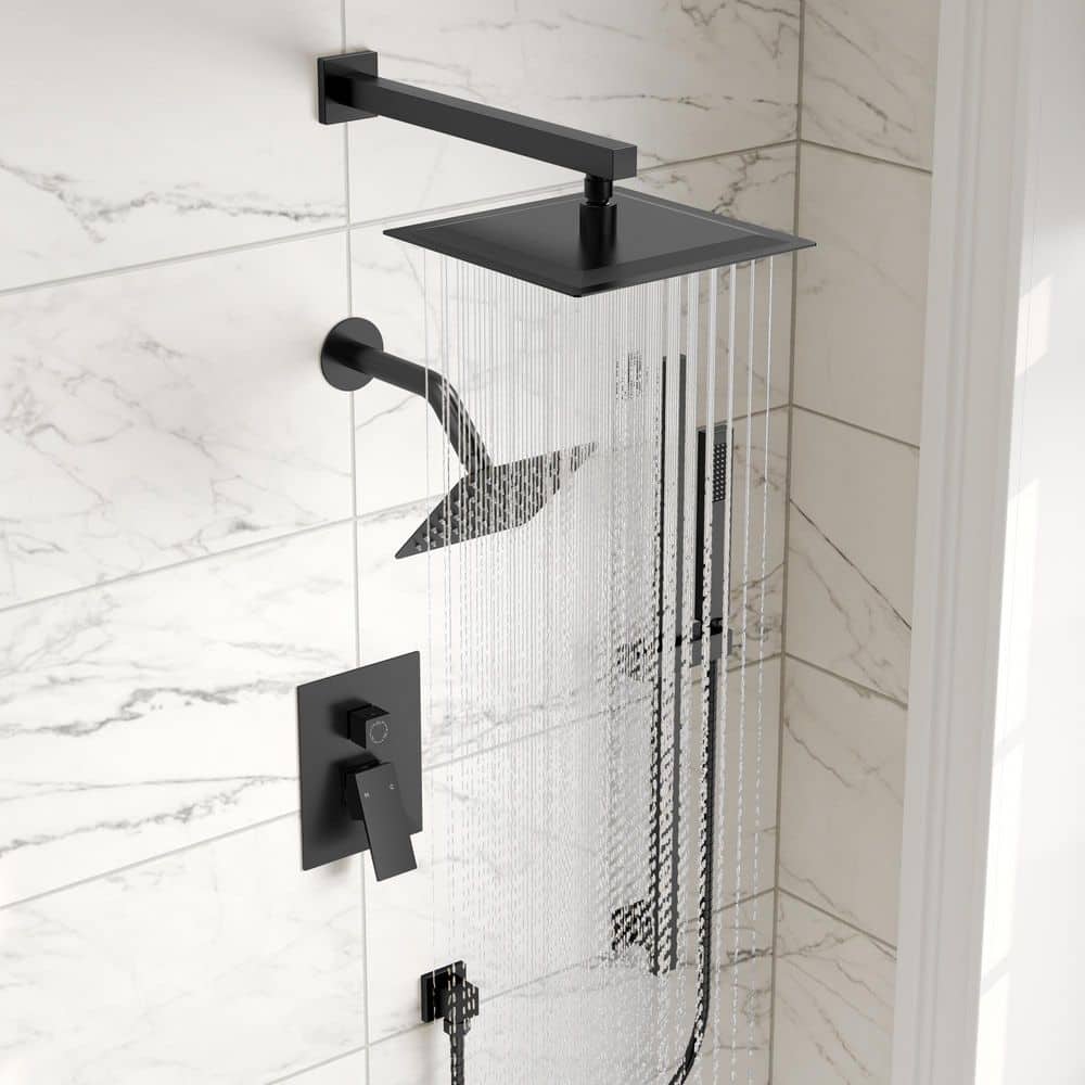 GRANDJOY 3 in. 1 Square, Showers with Valve 3-Spray Dual Wall Mount 10 in. Fixed and Handheld Shower Head 2.5 GPM in Matte Black (3)