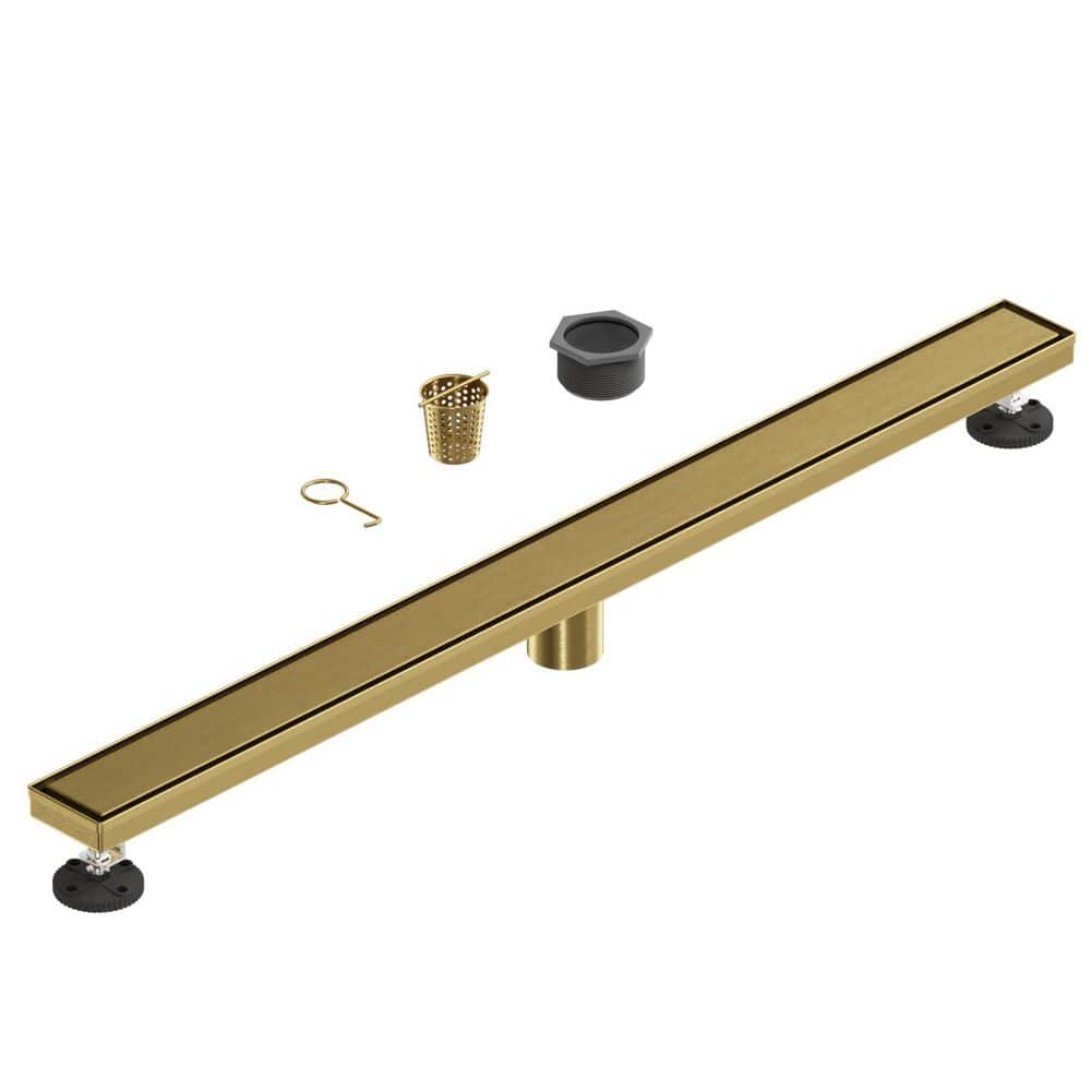 BATHADORE 36 in. Linear Shower Drain, Square Grid Pattern 304 Stainless Steel Floor Drain with Hair Strainer, Brushed Gold