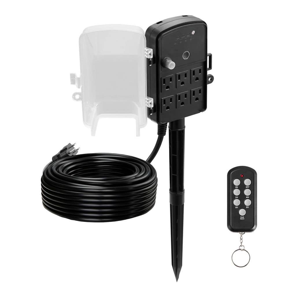 VEVOR Outdoor Power Stake, 100 ft. Cord, Weatherproof Power Strip, Remote Control Dusk to Dawn Timer, 6 Outlets, 1625-Watt/13A (1)