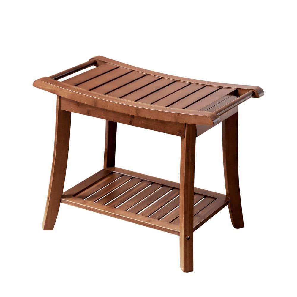 Unbranded Bamboo Shower Bench Stool with Storage Shelf in Brown, Waterproof Shower Chair Spa Bath Seat Excellent for Indoor (1)