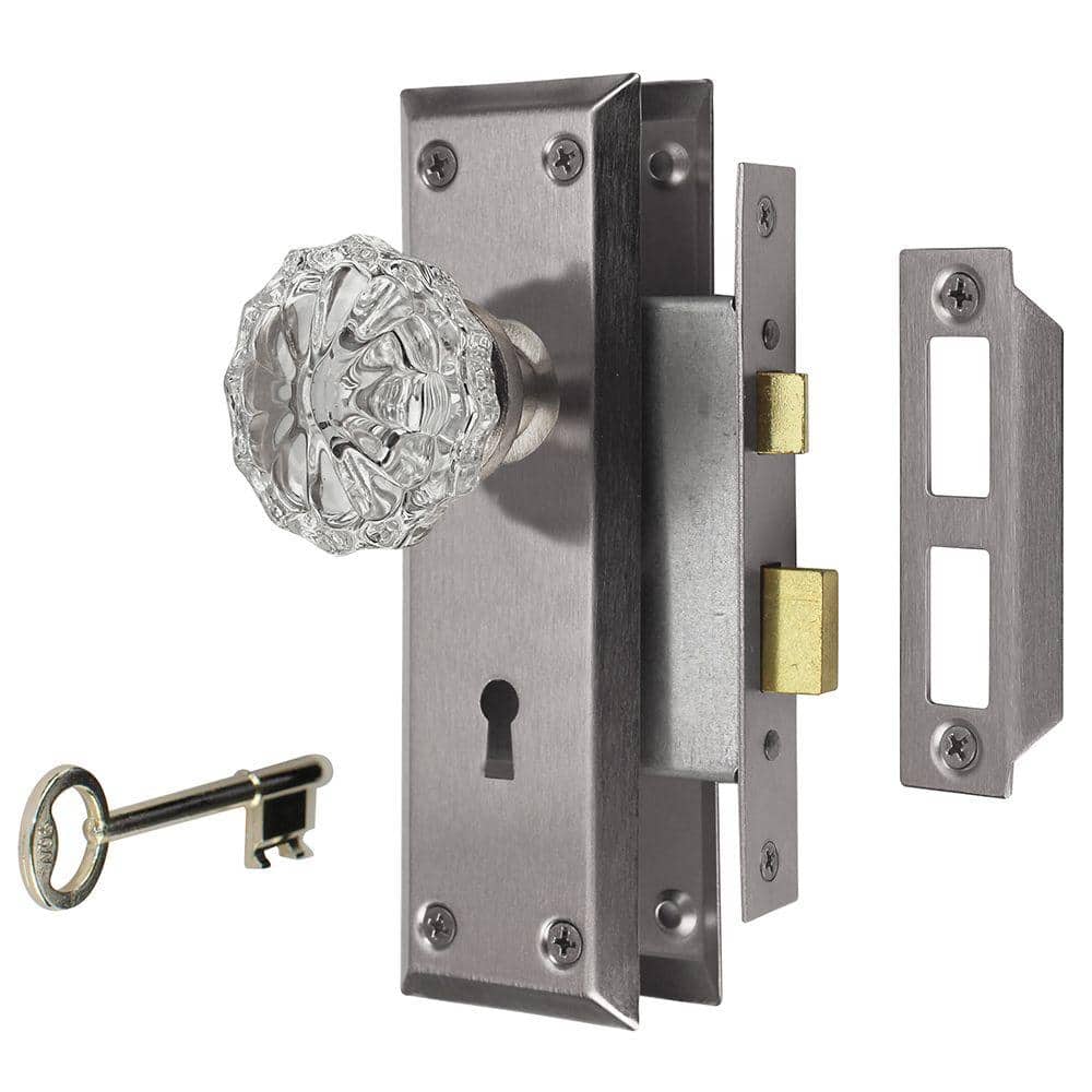 Defiant Glass Satin Nickel Knob Mortise Set