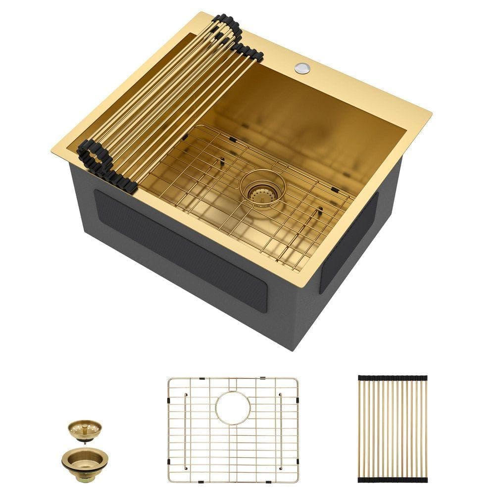 Fulorni 25 in. Drop-In Stainless Steel Deep Laundry/Utility Sink, Brushed Gold Single Bowl Topmount for RV/Utility Use