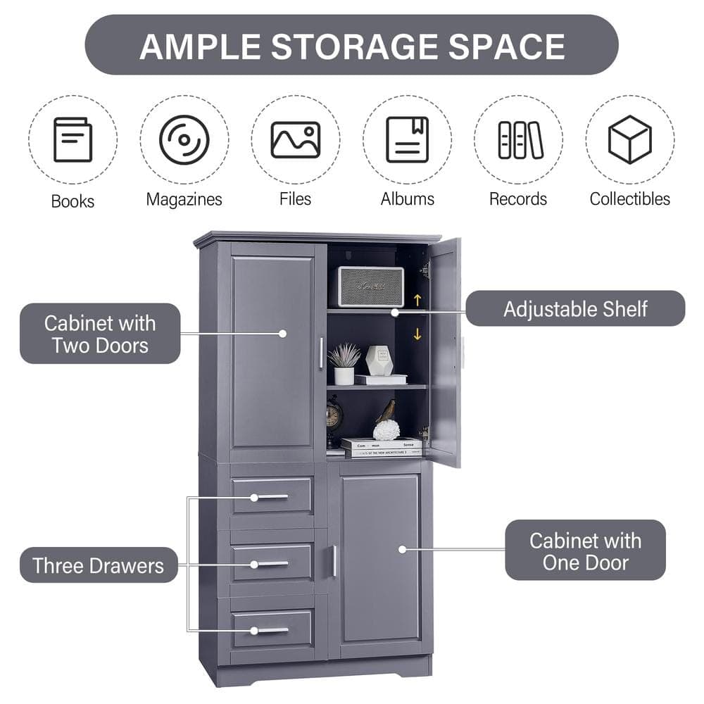 Unbranded 32.6 in. W 19.6 in. D 62.2 in. H Bathroom Storage Wall Cabinet Grey with 3-Drawers (2)