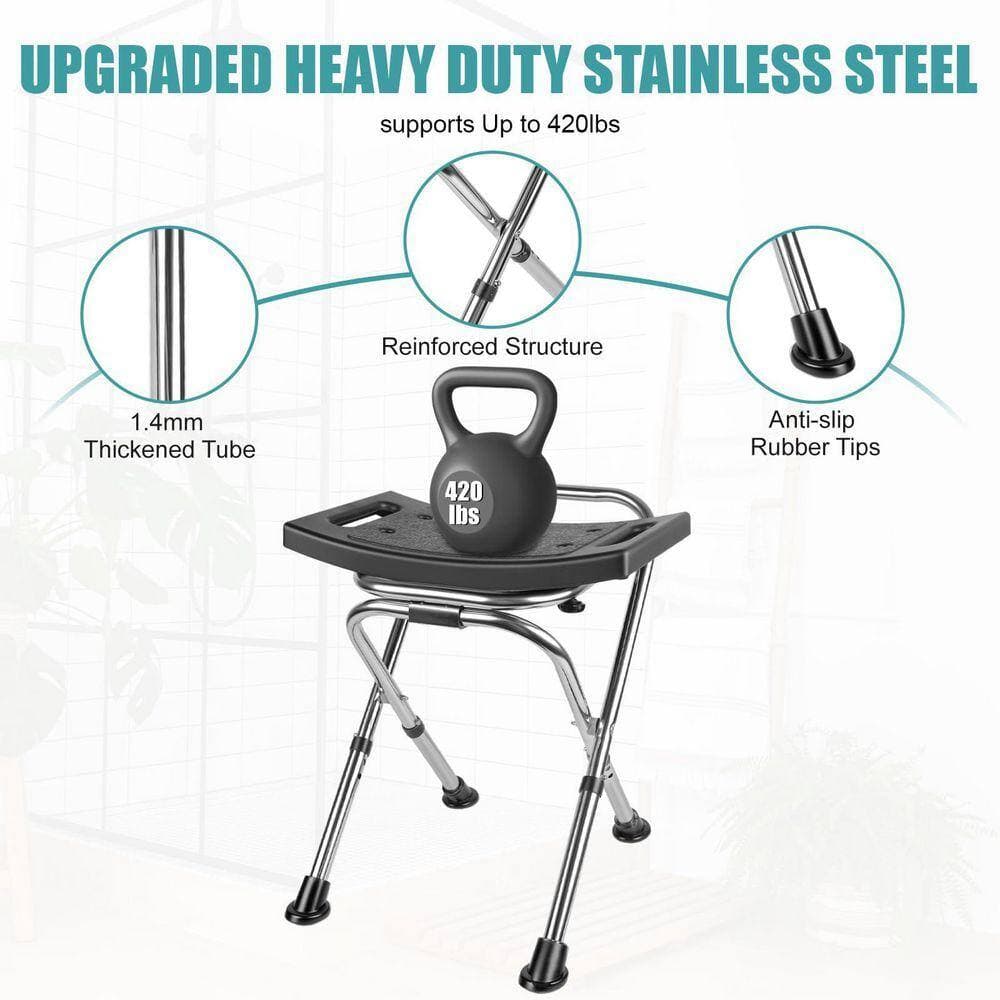 Lynzavix 24 in. W Freestanding Stainless Steel Adjustable Height Folding Shower Chair Seat with Anti-Slip Feet in Black (3)