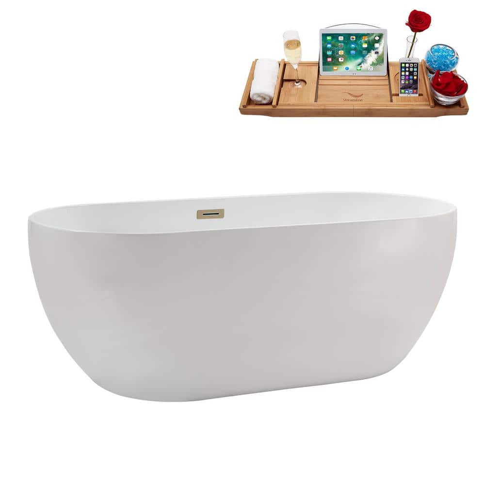 Streamline 62 in 29 in Acrylic Freestanding Soaking Bathtub Glossy White Brushed Brass Drain (4)