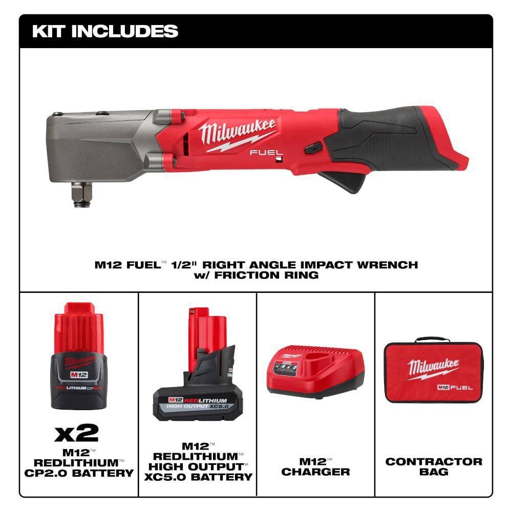 Milwaukee M12 FUEL 12V Lithium-Ion Brushless Cordless 1/2 in. Right Angle Impact Wrench Kit with Batteries (2)