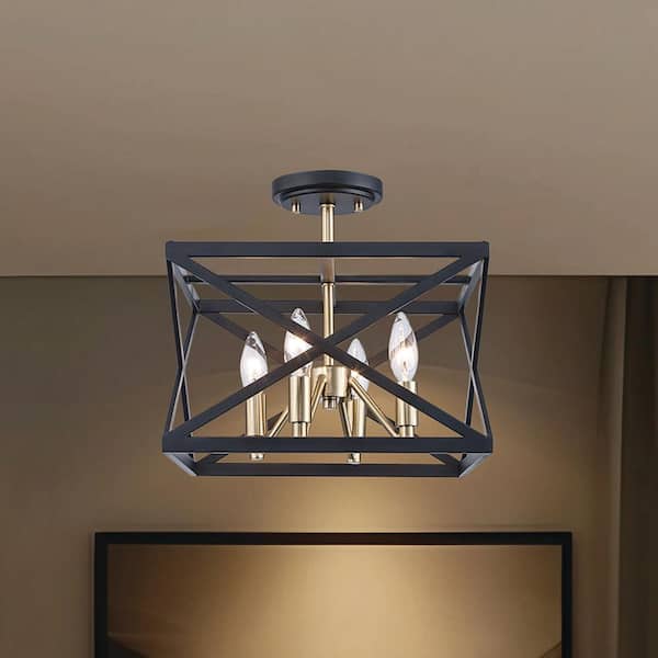 Monteaux Lighting 13 in. 4-Light Black and Gold Semi-Flush Mount Ceiling Light with Caged Metal Shade