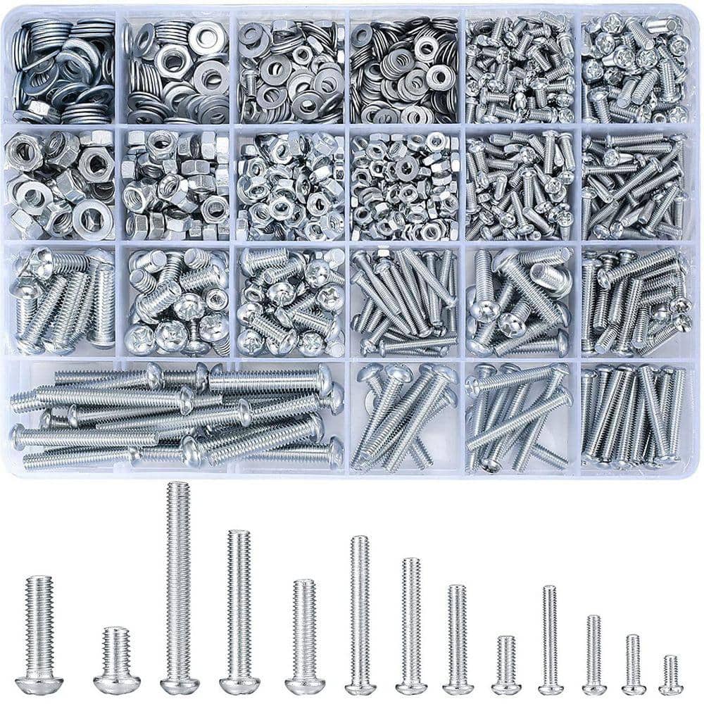 Angel Sar Silver Carbon Steel Screws Bolts and Nuts Assortment Kit with Nuts and Bolts and Flat Washers (1080-Pack) (1)