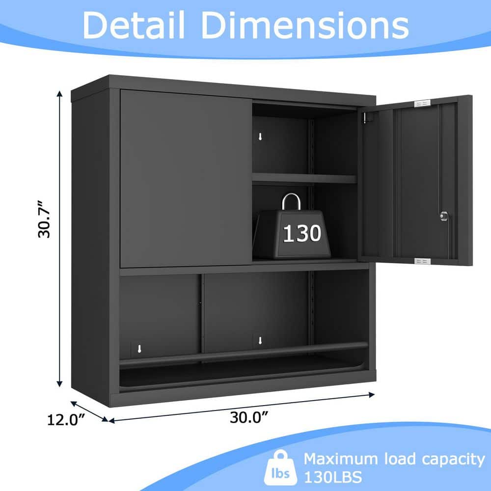 Tenleaf 30 in. W 12 in. D 30 in. H Bathroom Storage Wall Cabinet in, Lockable Metal Pantry Cabinet W/ Adjustable Shelf (3)