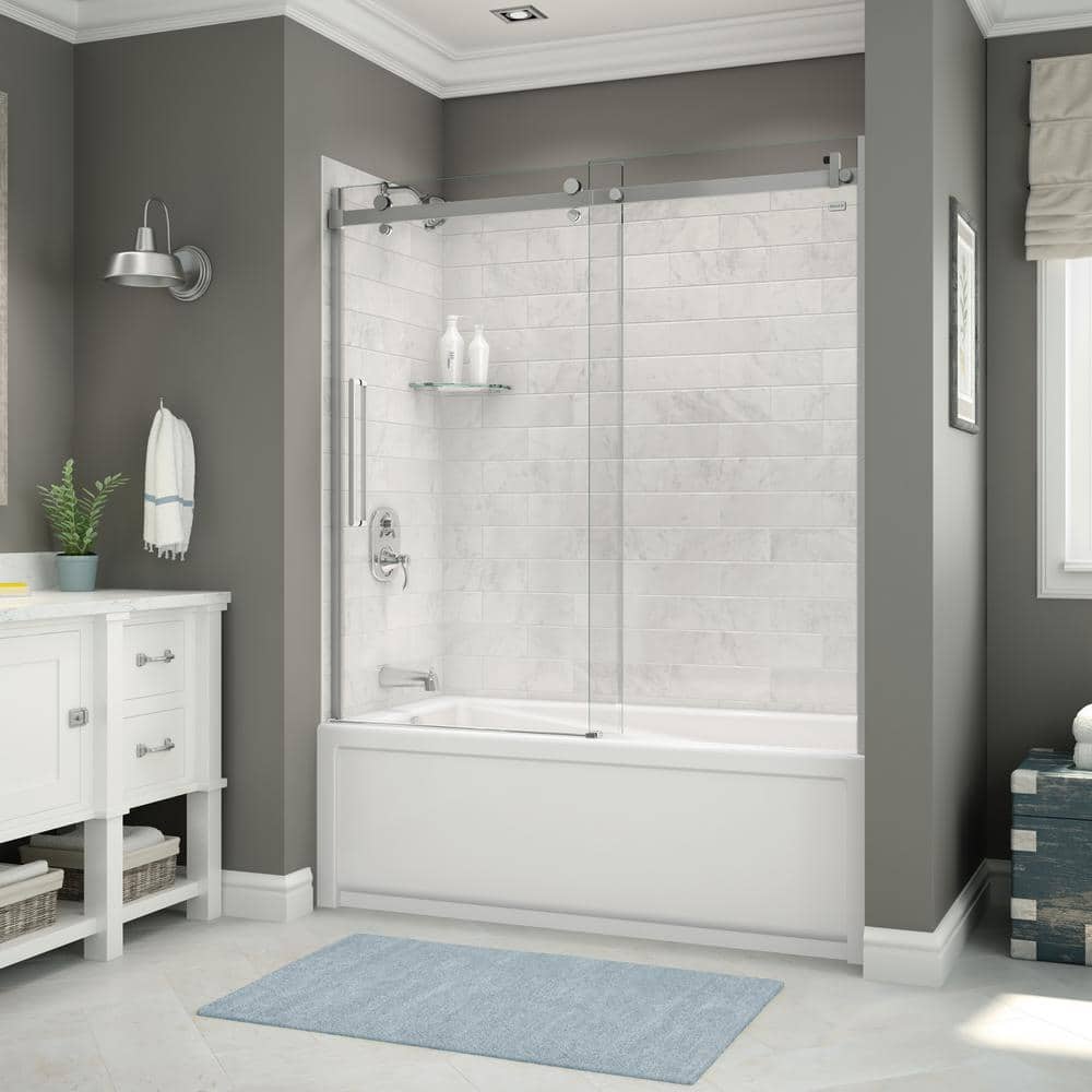 MAAX Utile 32 in. x 60 in. x 81 in. Bath and Shower Combo in Marble Carrara with New Town Left Drain, Halo Door Chrome (1)