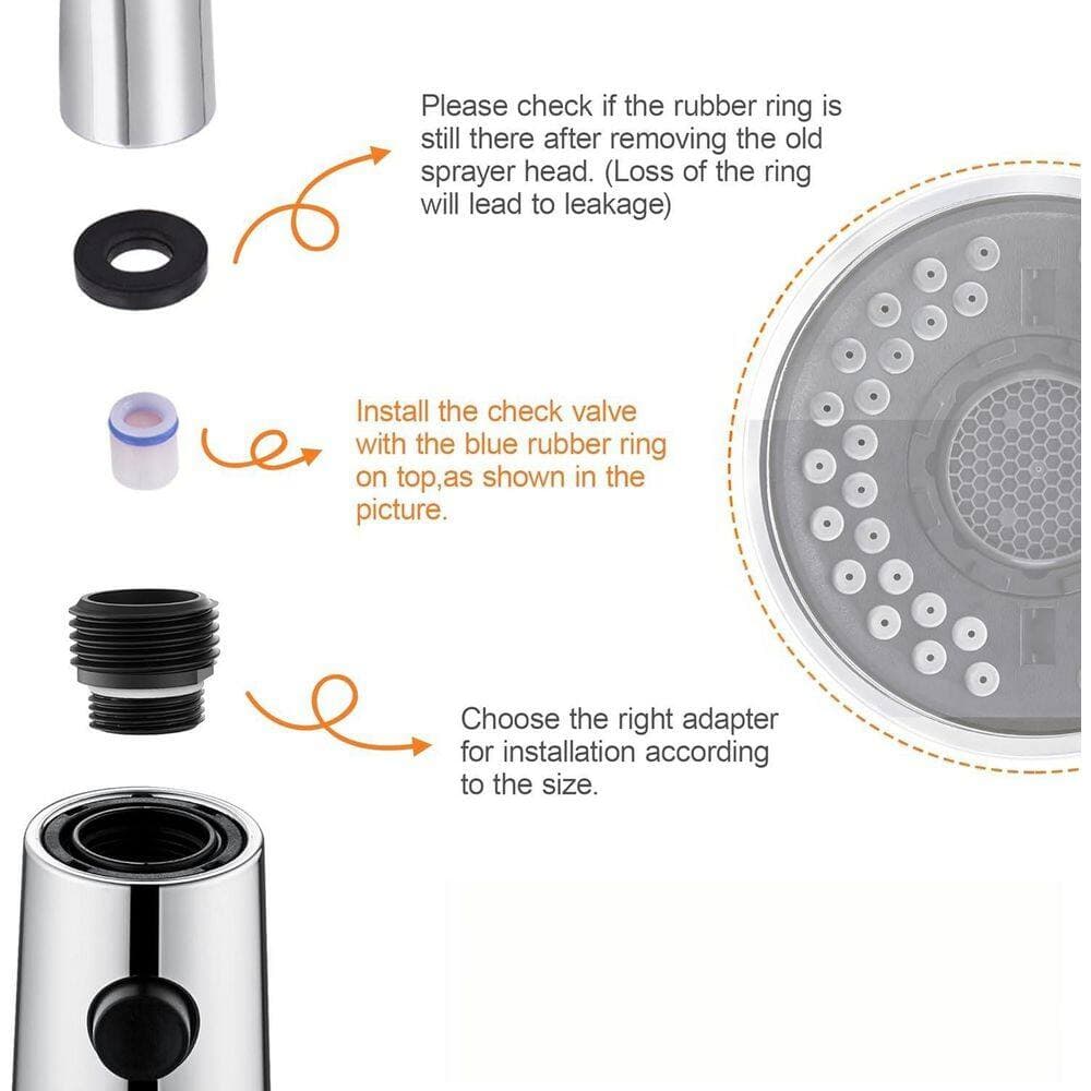 Wudkey 1-Piece Pull Down Spray Head Replacement in Chrome with 15 Adapters for Wide Compatibility, Pull Out Faucet Spray Nozzle (3)