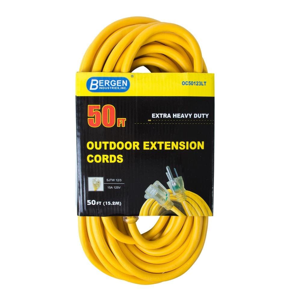 Bergen Industries 50 ft. 12/3 SJTW 15 Amp/125-Volt Outdoor Single Receptacle Extension Cord, Yellow
