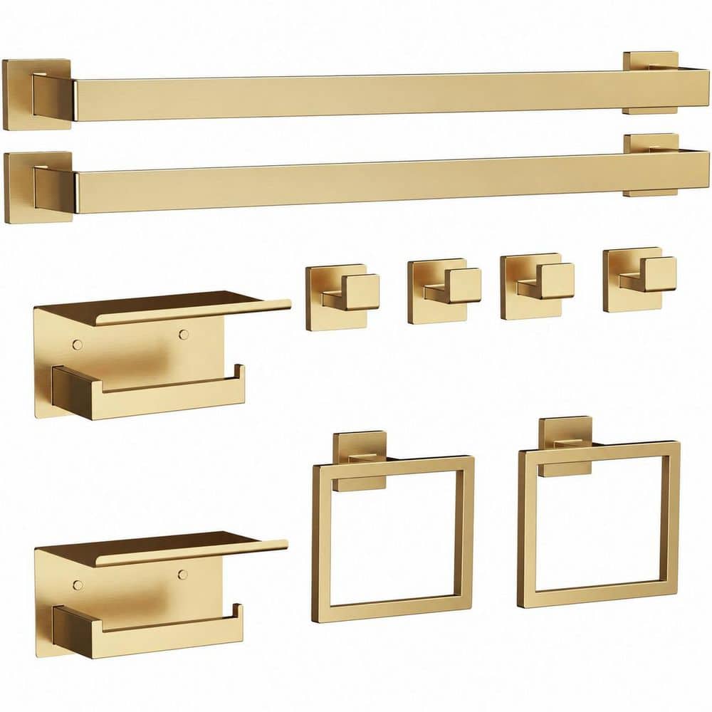 LAIFUCAM 10-Piece Brushed Gold Bathroom Accessories Set with Towel Bars, Rings, Hooks, Toilet Paper Holders in Gold (1)