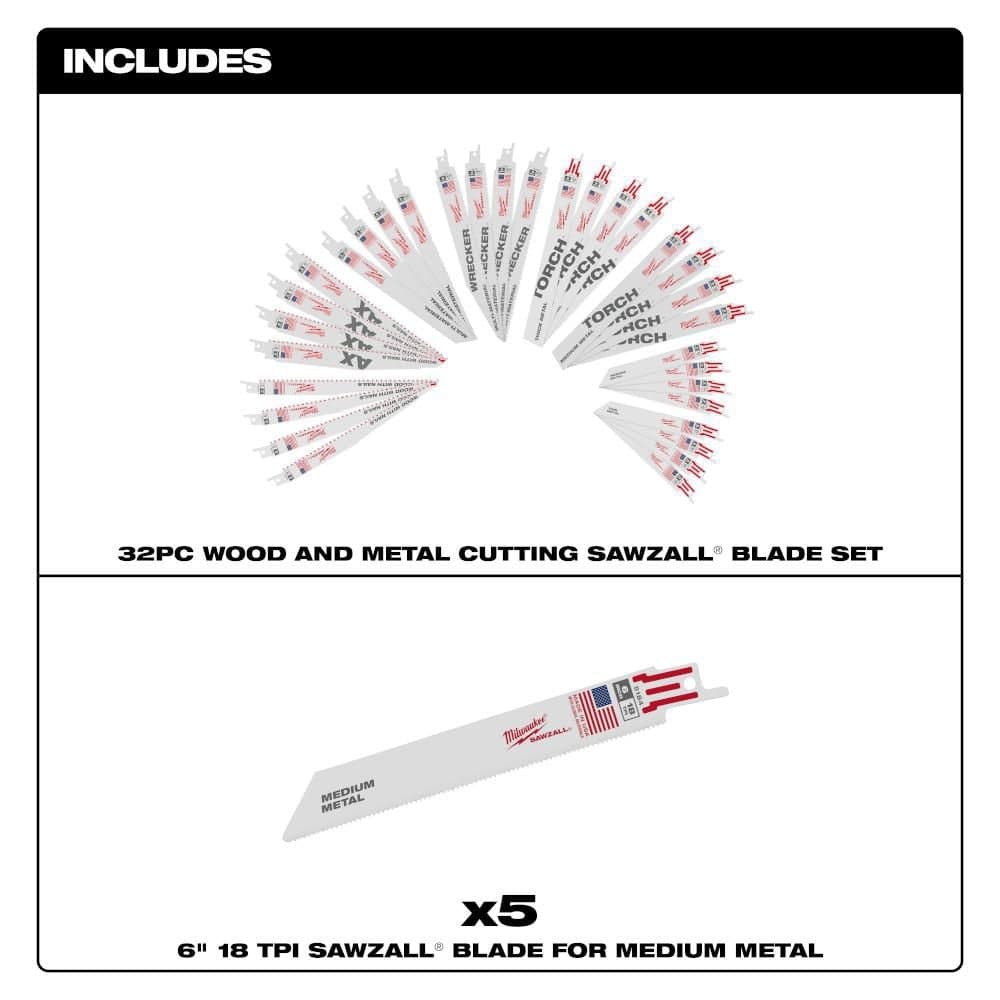 Milwaukee SAWZALL Nail-Embedded Wood & Metal Cutting Bi-Metal Reciprocating Saw Blades 5 TPI (32-PC) w/ 5 Metal Cutting Blades (2)