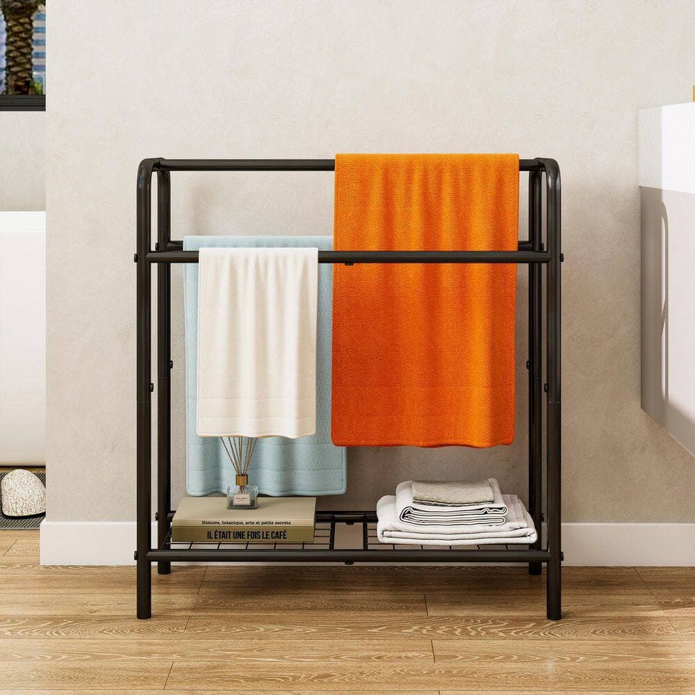 Unbranded 3 Tier Black Metal Freestanding Towel Storage Rack with 3 Towel Holders for Bathroom Bedroom Pool (3)