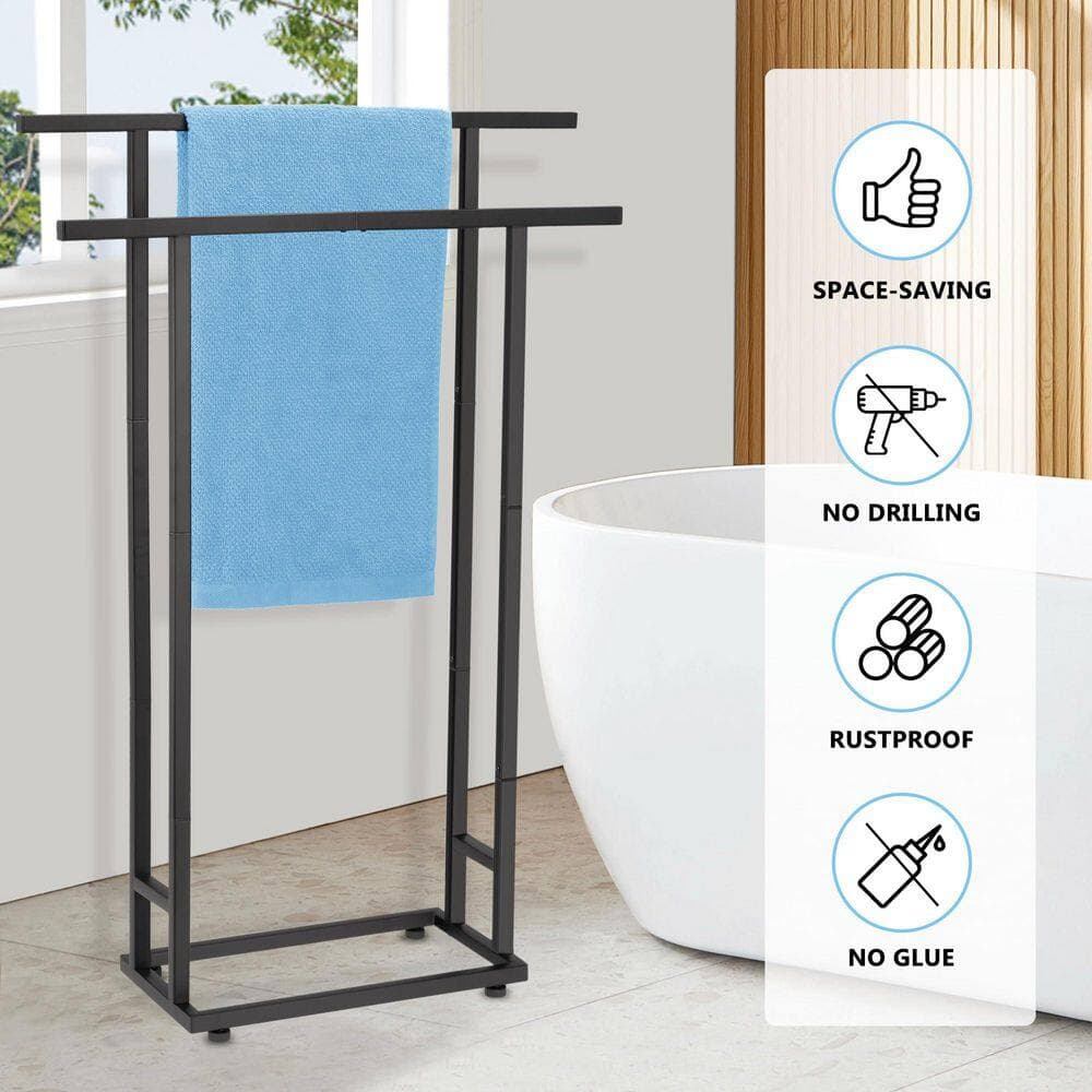 Wudkey 2 Tier Bathroom Floor Free Standing Towel Rack in Black, Tall Enough Pool Bath Drying and Dispaly Stand for Storage (3)