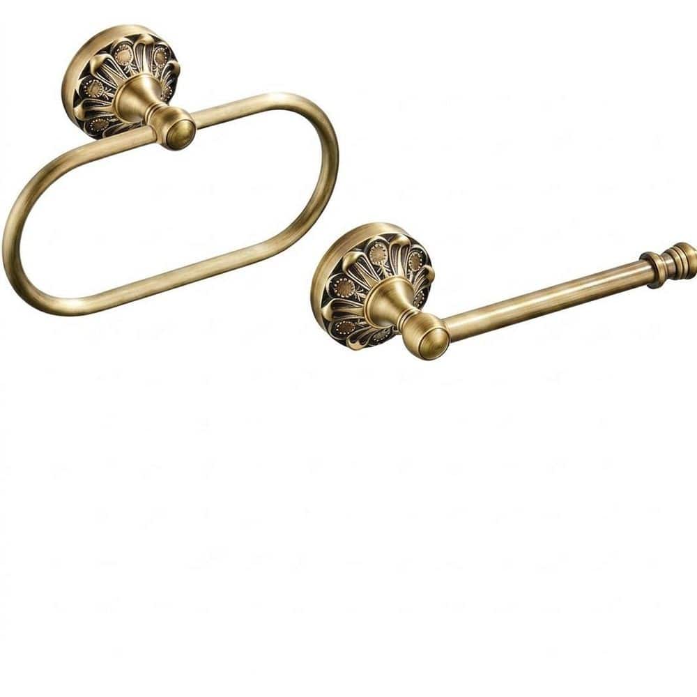 Anqtovp 2-Piece Bathroom Hardware Set Wall Mounted Brass Toilet Paper Holder and Towel Ring in Champagne Bronze (1)