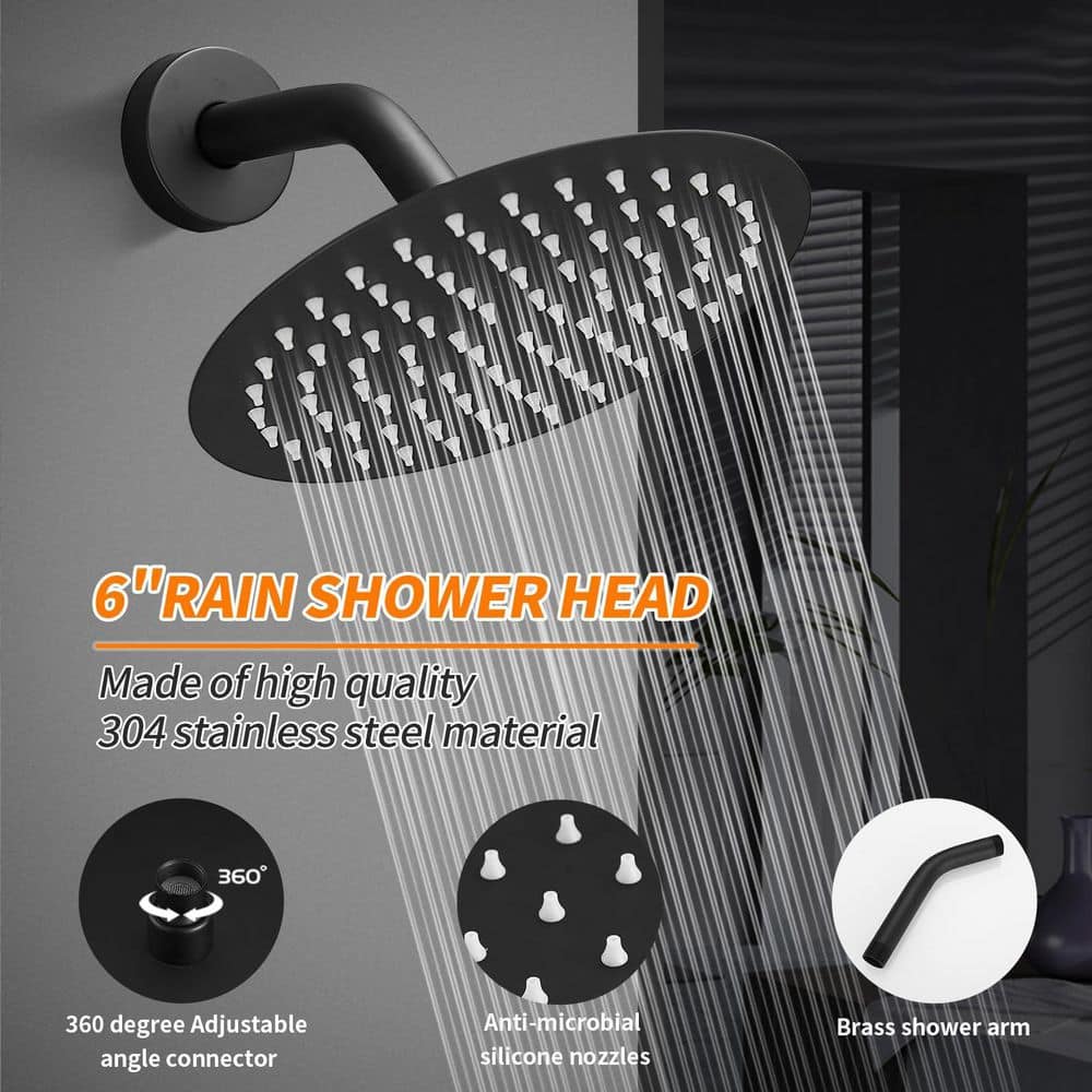 Helhom Matte Black Single Handle Tub Shower Faucet Trim Kit with Valve, 6 in. Rain Shower Head and Tub Spout for Bathtub Shower (3)
