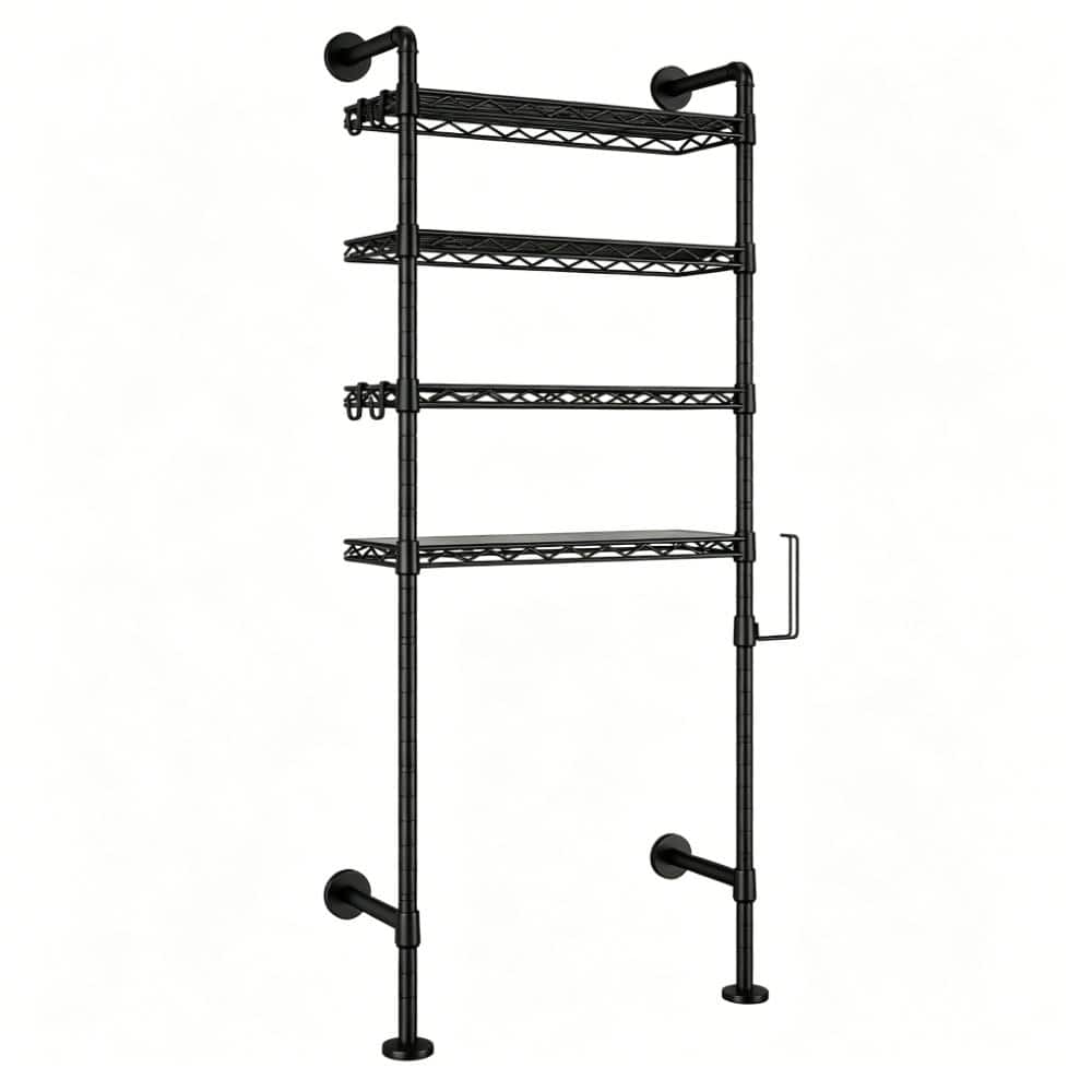 Whatseaso 25.6 in. W x 74.3 in H x 9.7 in. D Metal in Black Over The Toilet Storage Cabinet Toilet Storage with Paper Hook (1)