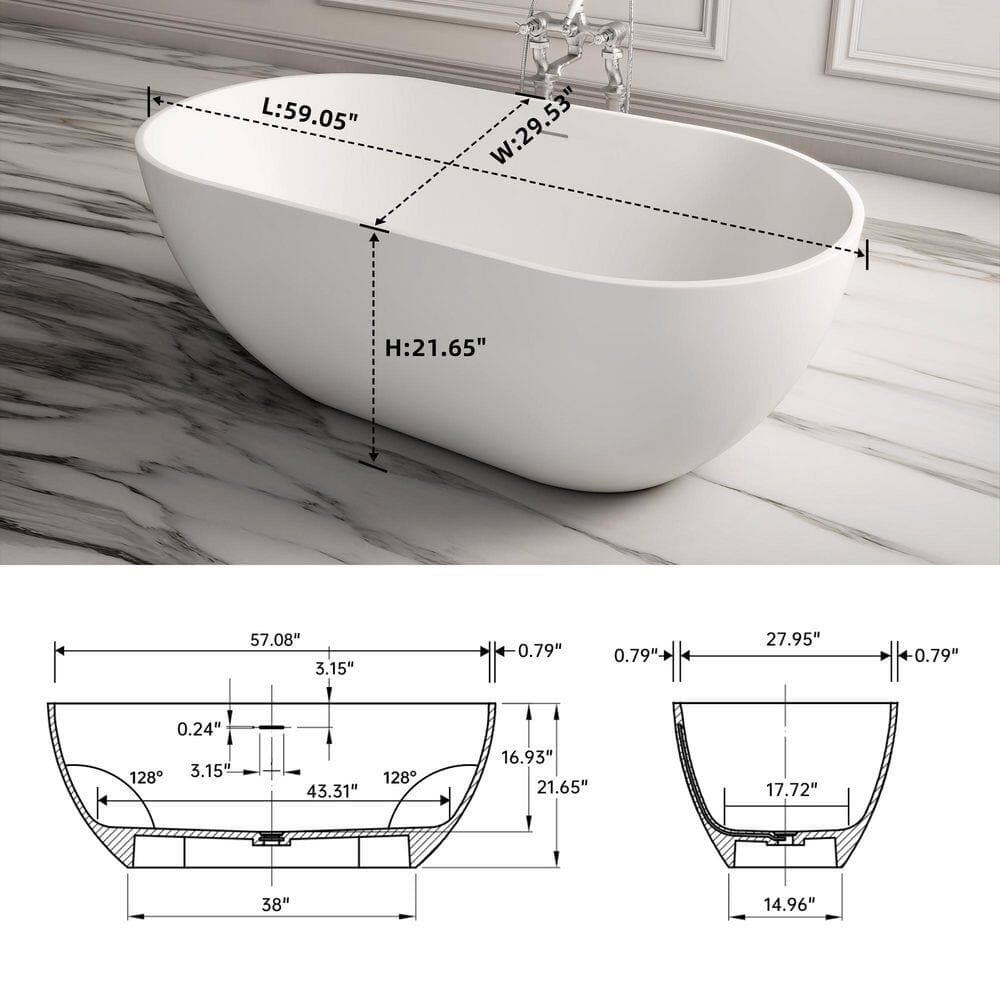 LIVACA 59.10 in. x 29.50 in. Flat Bottom Solid Surface Freestanding Soaking Bathtub with Center Drain in Matte White (2)