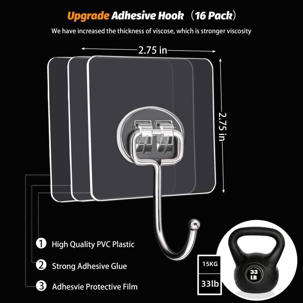 Unbranded Large 16-Pack Clear Adhesive Hooks, 33 lb Max Load, Waterproof Wall Hooks for Keys and Robe Towel Use (2)