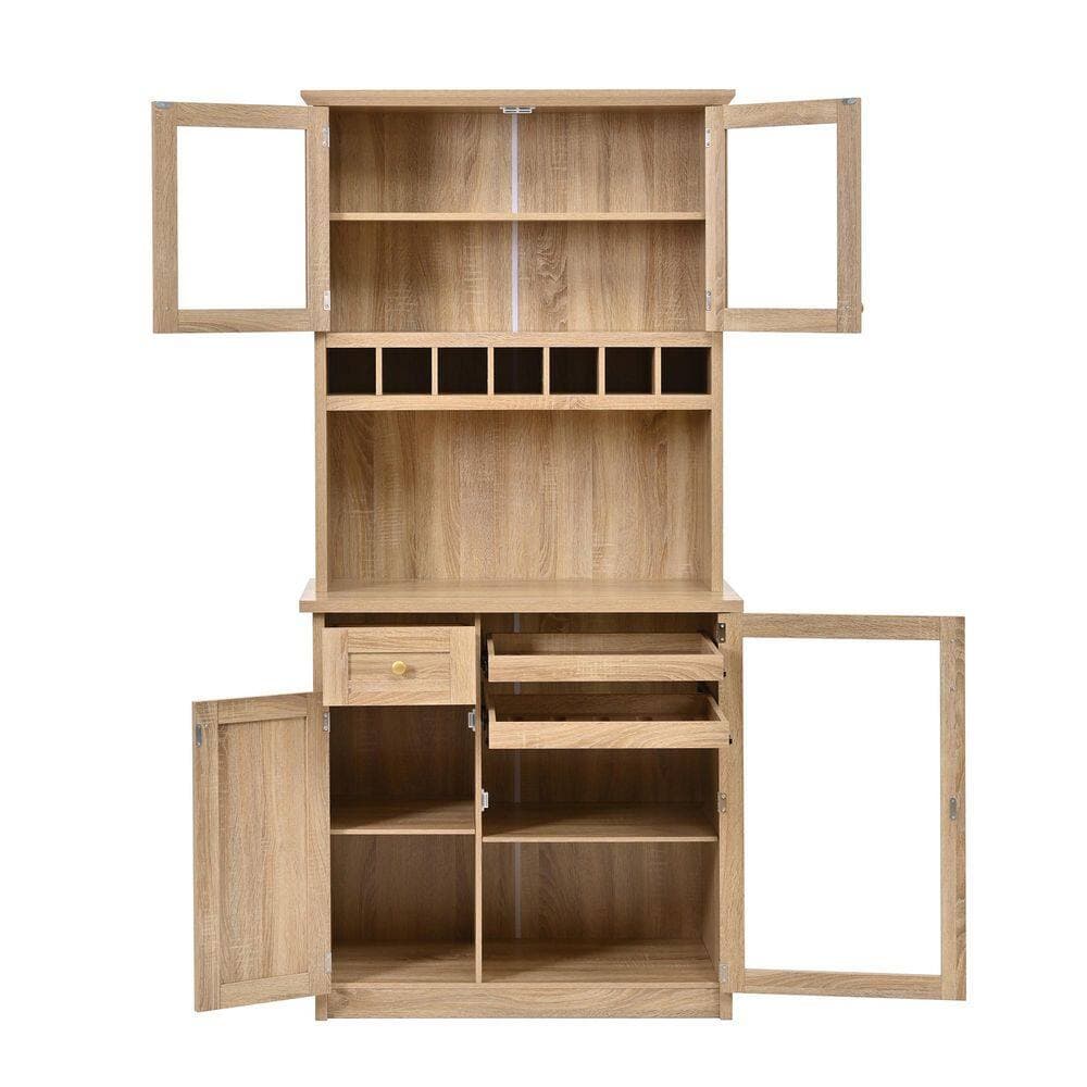 COWLOWN 35.4 in. W x 17.7 in. D x 74.8 in. H Brown Linen Cabinet Kitchen Pantry with Wine Rack and Adjustable Shelves (2)