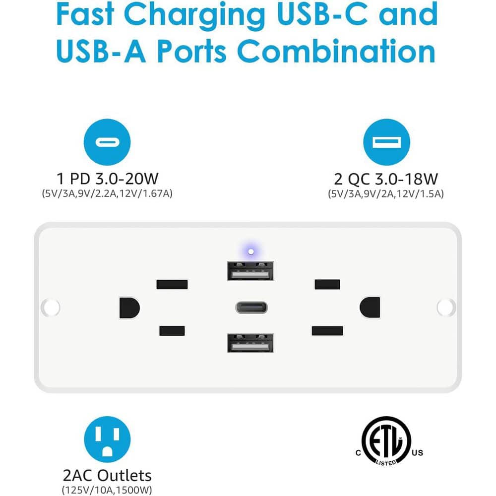 OBJLGEV 10 ft. 2-Outlet 2-Ports USB-A 1-Port USB-C Recessed Power Strip Flat Plug Fast Charging Furniture Socket White (2)
