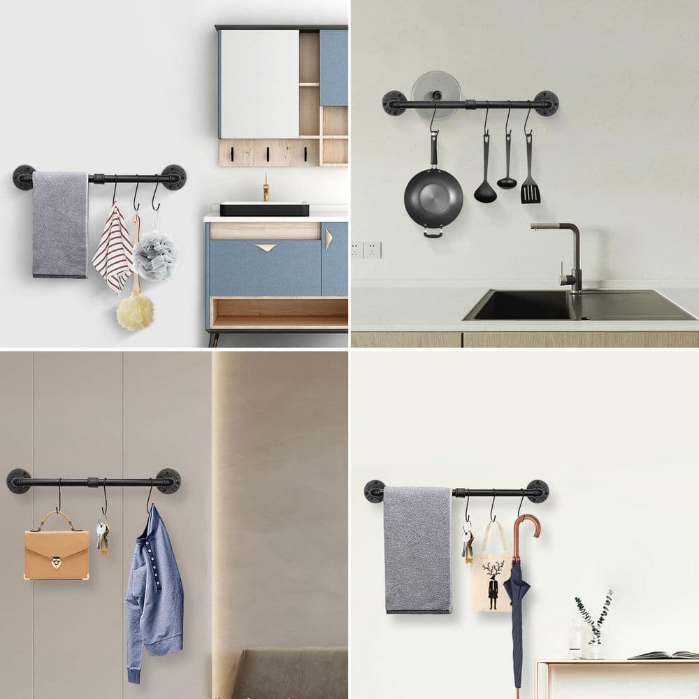 Anqtovp 5 Piece Industrial Pipe Bathroom Hardware Set with Towel Bar Toilet Paper Holder Hooks in Matte Black Finish (3)