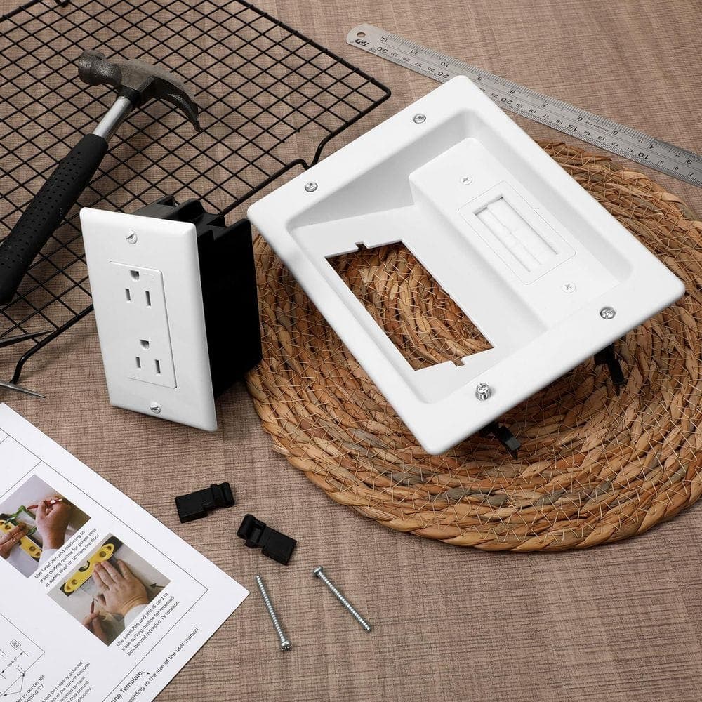 Ahfiwaso Recessed Dual Outlet Power Cable Management Wall Media Box Low Voltage Wires Hider Kit White 1 Kit (2)