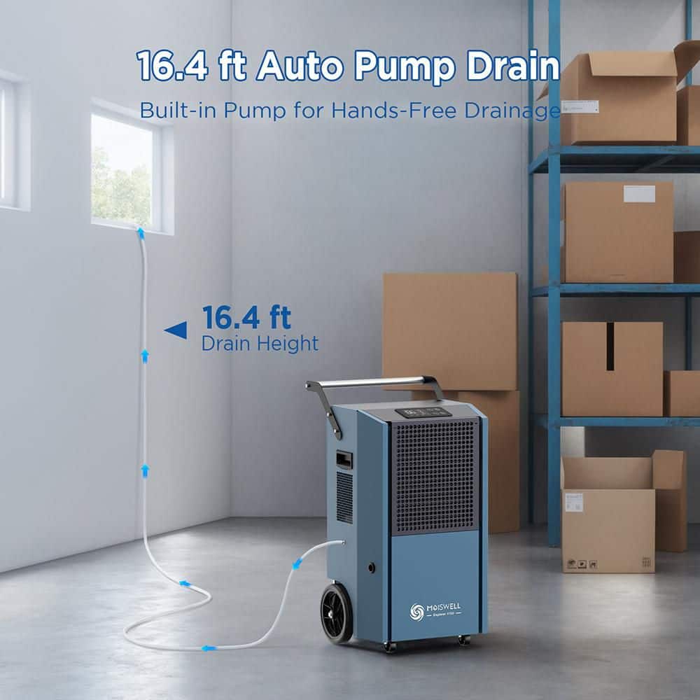 Moiswell 190 pt. 7,500 sq. ft. Bucketless Commercial Dehumidifier with Pump 8-in. Wheels Portable Heavy Duty for Basement in Blue (2)