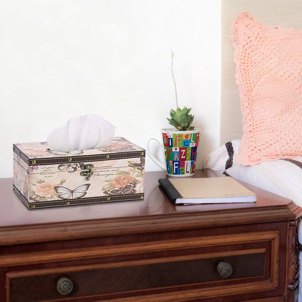KHKFY Wooden Tissue Box Cover with Faux Leather Butterflies in Distressed Pink, Rectangular Holder 9.7 x 5.6 x 4.2 in. (3)