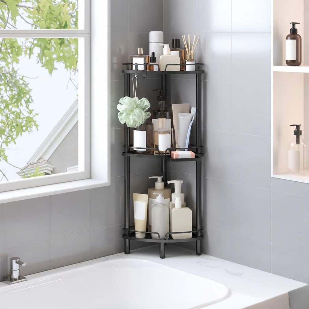 Anqtovp Standing Rustproof Stainless Steel 3-Tier Shower Caddy with Adjustable Feet, Hooks, Soap Holder in Black (3)
