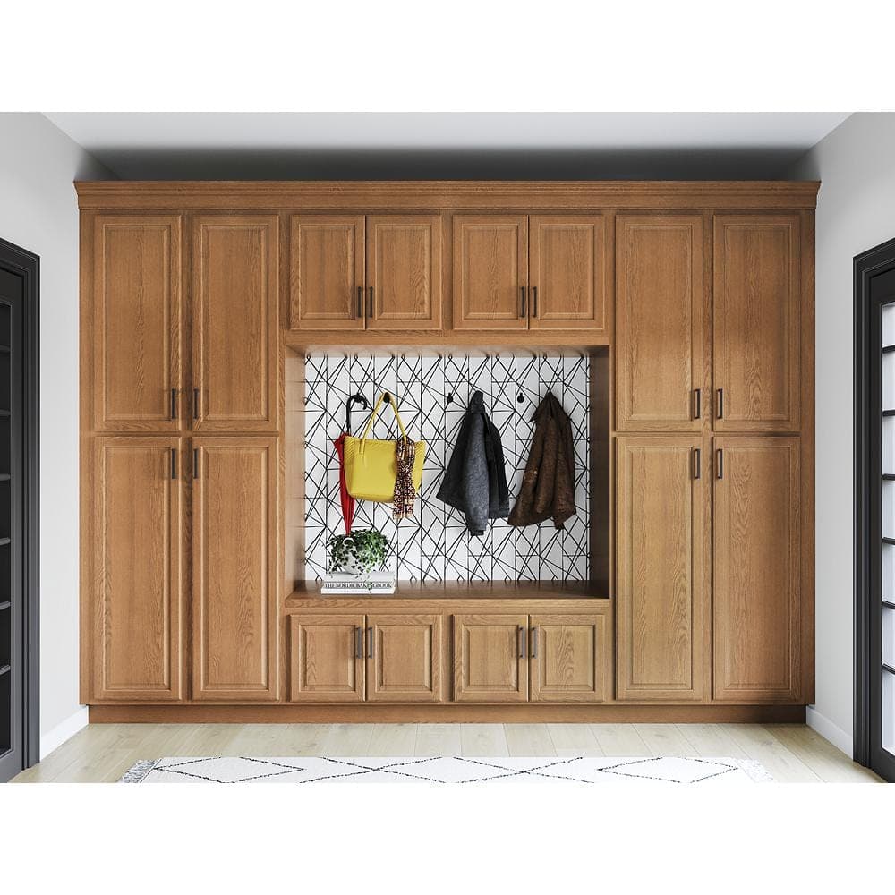 Hampton Bay Hampton 18 in. W x 24 in. D x 84 in. H Assembled Pantry Kitchen Cabinet in Medium Oak (3)