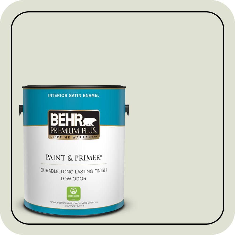 BEHR PREMIUM PLUS 1 gal. #S380-1 Moss Mist Satin Enamel Low Odor Interior Paint & Primer