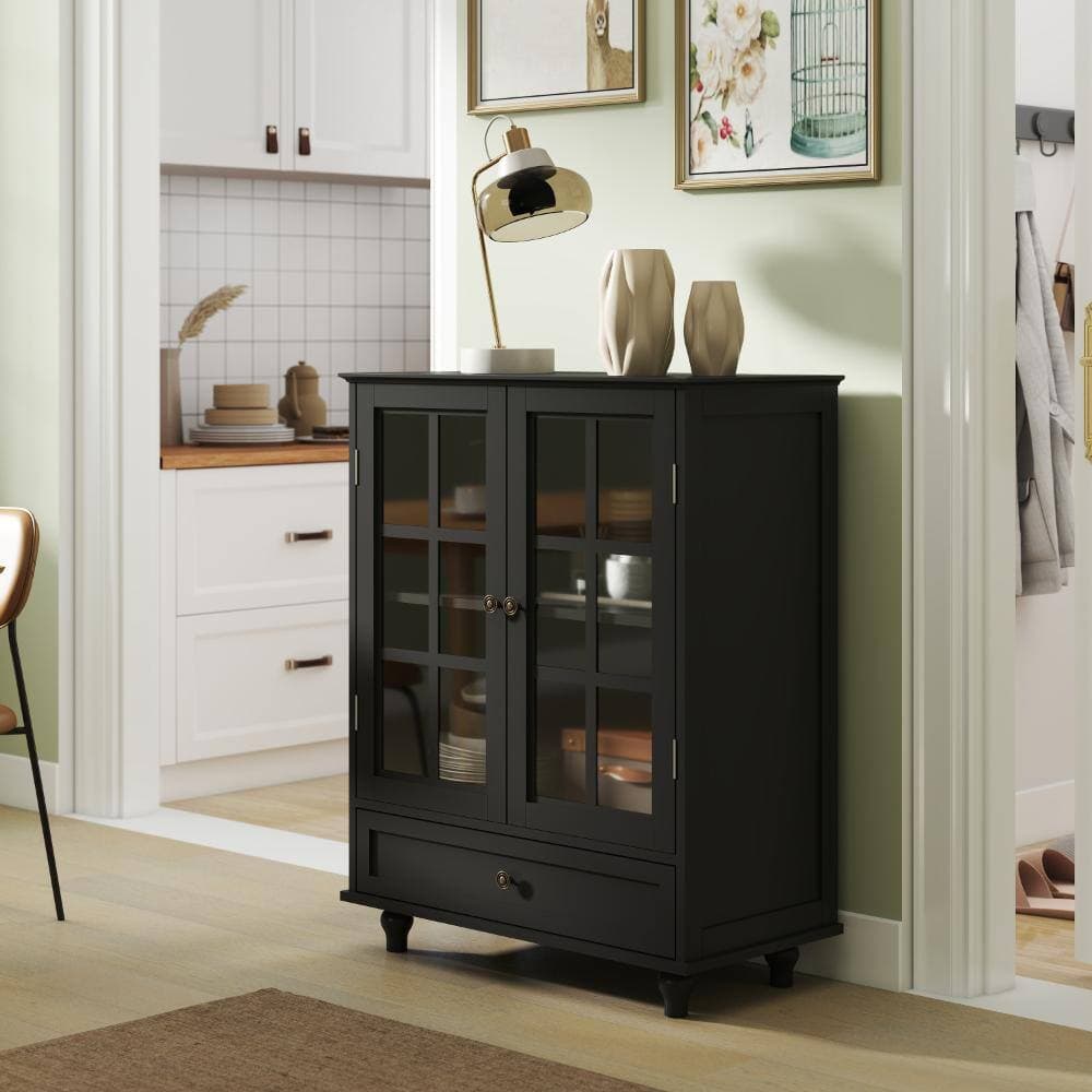 COWLOWN 28 in. W x 15 in. D x 36.22 in. H Black Linen Cabinet with Double Glass Doors and Drawer (2)