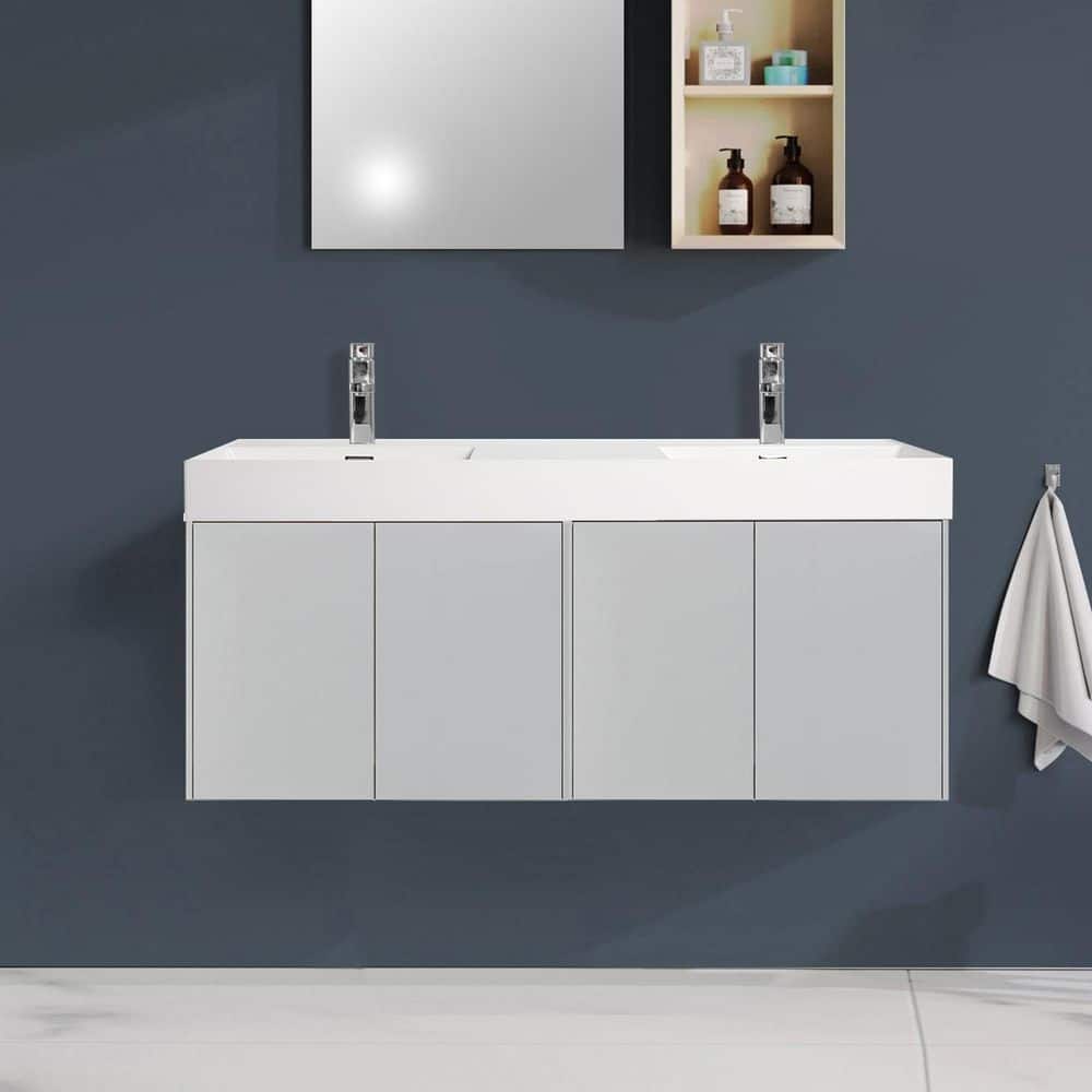 Satico 59.06 in. Drop-In Rectangular Resin Double Basin Bathroom Sink in Gloss White (3)