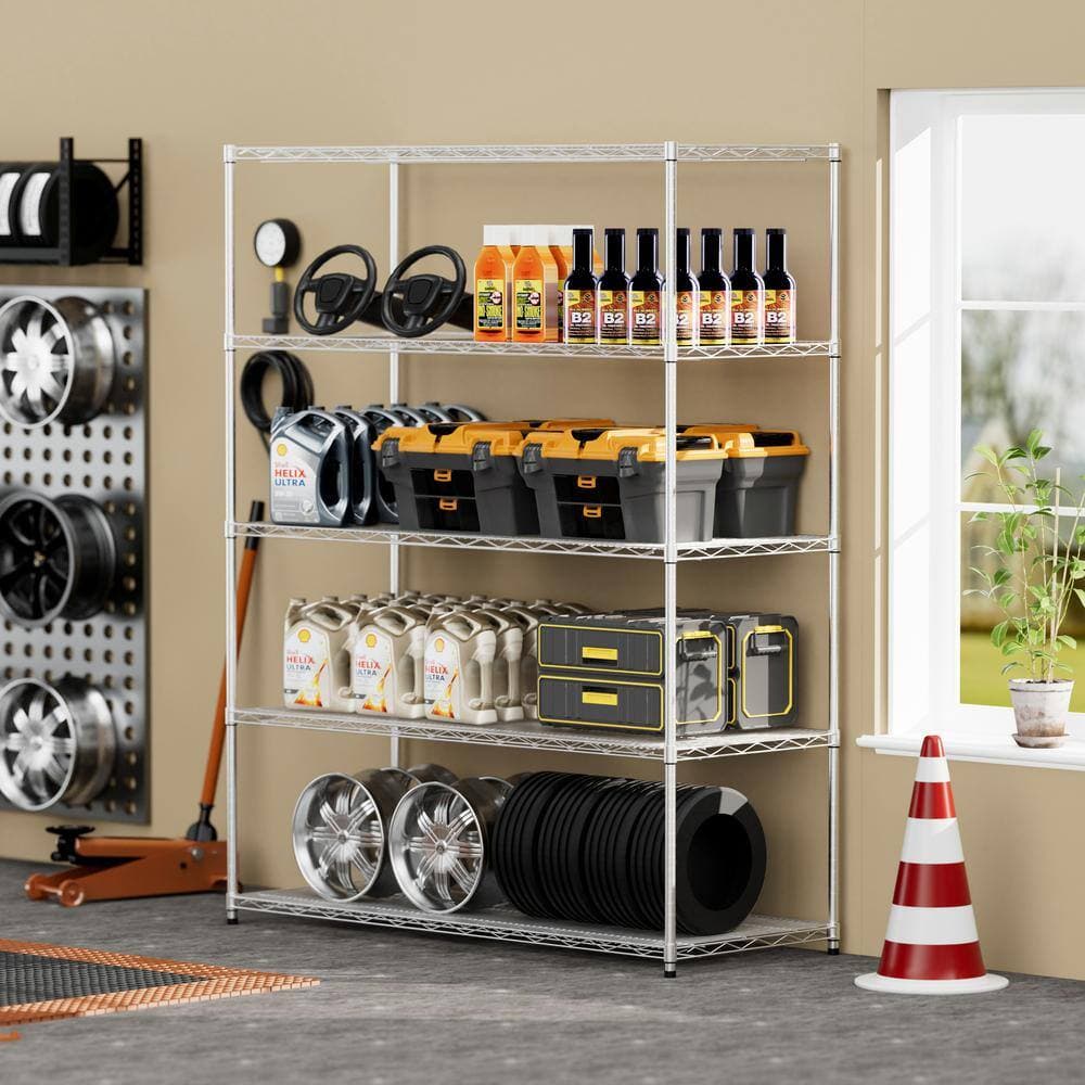Tatayosi 59.45 in. W x 71.65 in. H x 24.02 in. D 5-tier Steel Rectangular Shelf with Wheels, Feet and Shelf Liners in Sliver (2)
