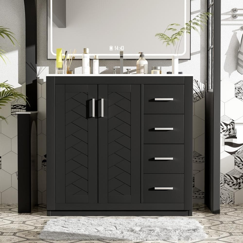 Flynama 36" Freestanding Ceramic Vanity Sink Combo, 3 Drawers & Soft-Close Wood Frame Doors (1)