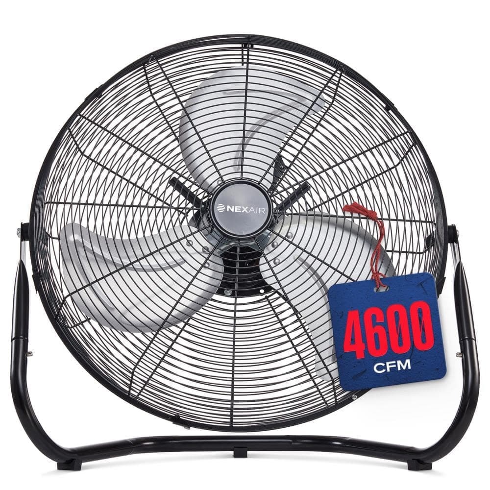 NEXAIR 20 in. 3 Fan Speeds Floor Fan in Black Metal with High Velocity 1800 CFM Cooling with 180° Adjustable Vertical Tilt