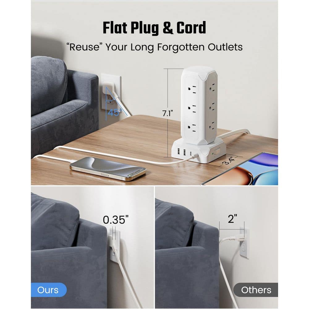 Unbranded 6.5 ft. 12-Outlet Power Strip Tower with 2 USB-A Ports, 2 USB-C Ports, Surge Protector, Flat Extension Cord (3)