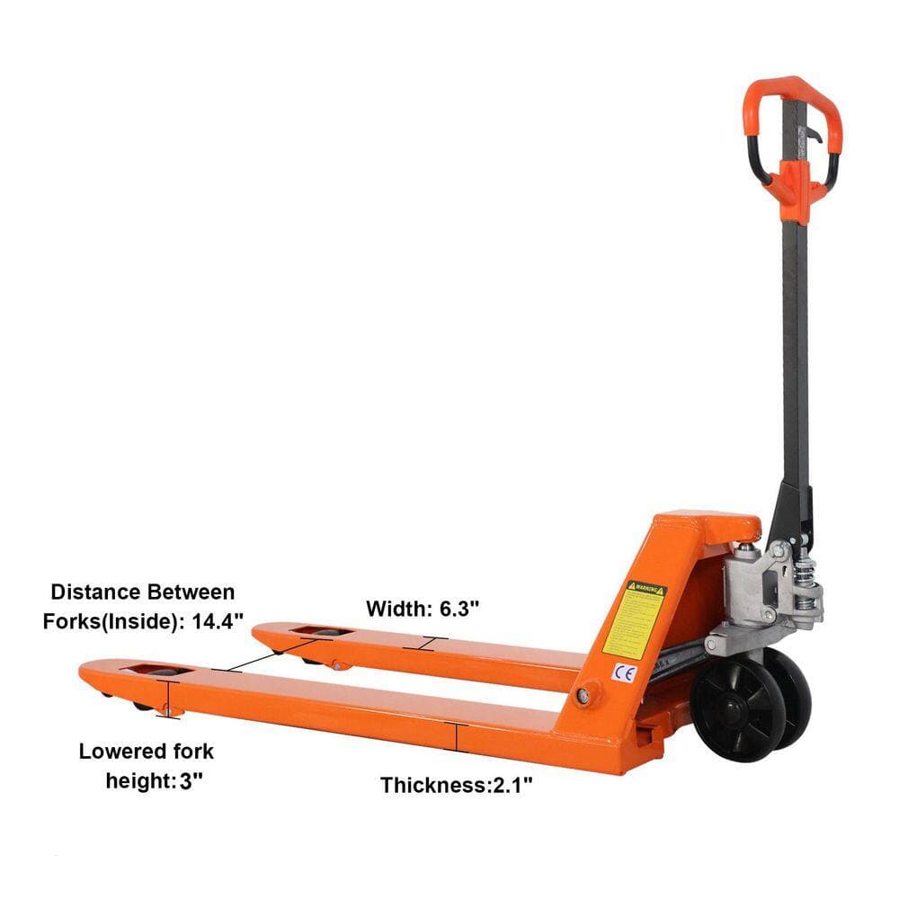 TORY CARRIER 48 in. L x 27 in. W 5,500 lbs. Max Load Capacity Fork Manual Pallet Truck Jack with Nylon Fork Wheels Orange (3)