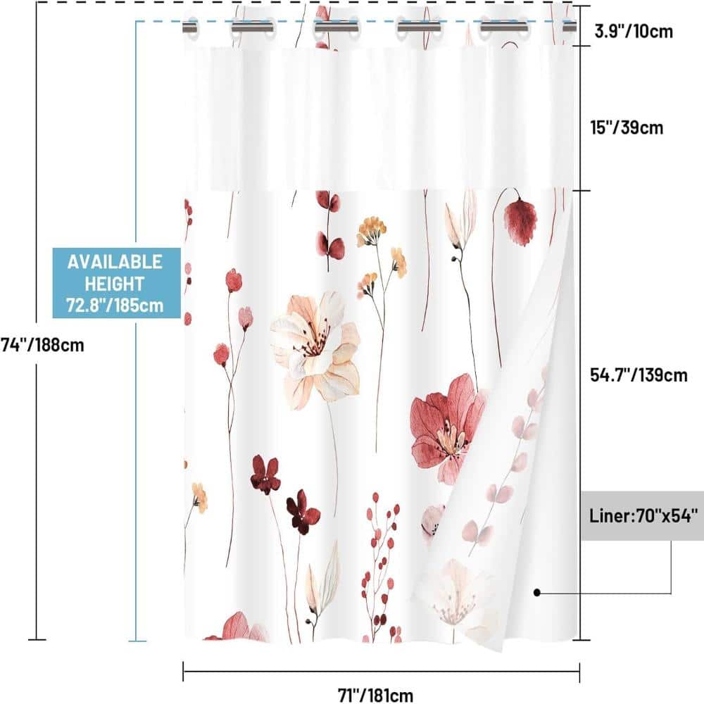 Unbranded Floral No-Hook Shower Curtain with Snap-In Liner,Red (2)