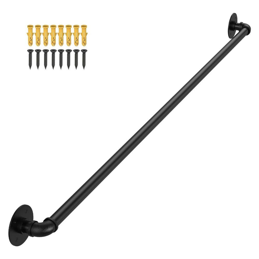Unbranded 4 ft. Black Metal Iron Handrail Industrial Style Wall Mount Staircase Porch Indoor Outdoor Step Support (1)