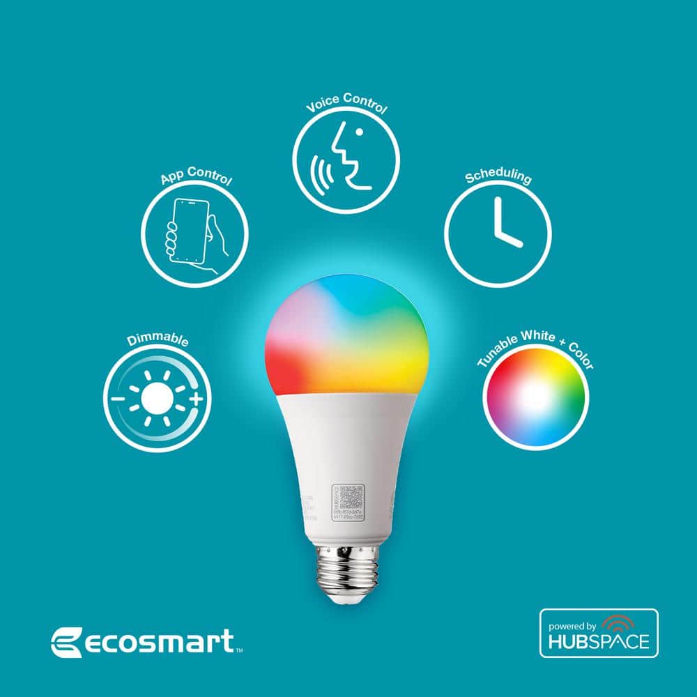EcoSmart 150-Watt Equivalent Smart A21 E26 Base Color Changing CEC LED Light Bulb with Voice Control (1-Bulb) Powered by Hubspace (4)