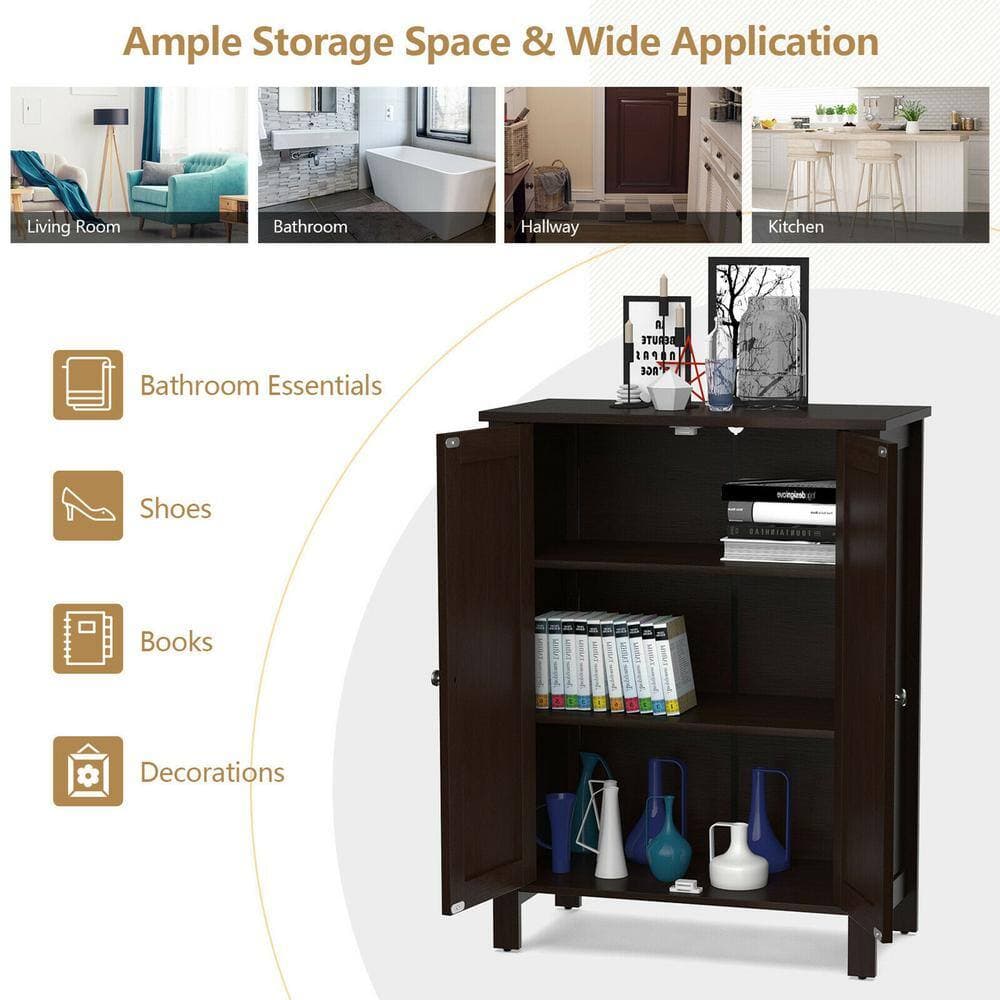 Gymax 23.5 in. W x 12 in. D x 31.5 in. H 2-Door Bathroom Floor Storage Cabinet Space Saver Organizer Brown Linen Cabinet (3)