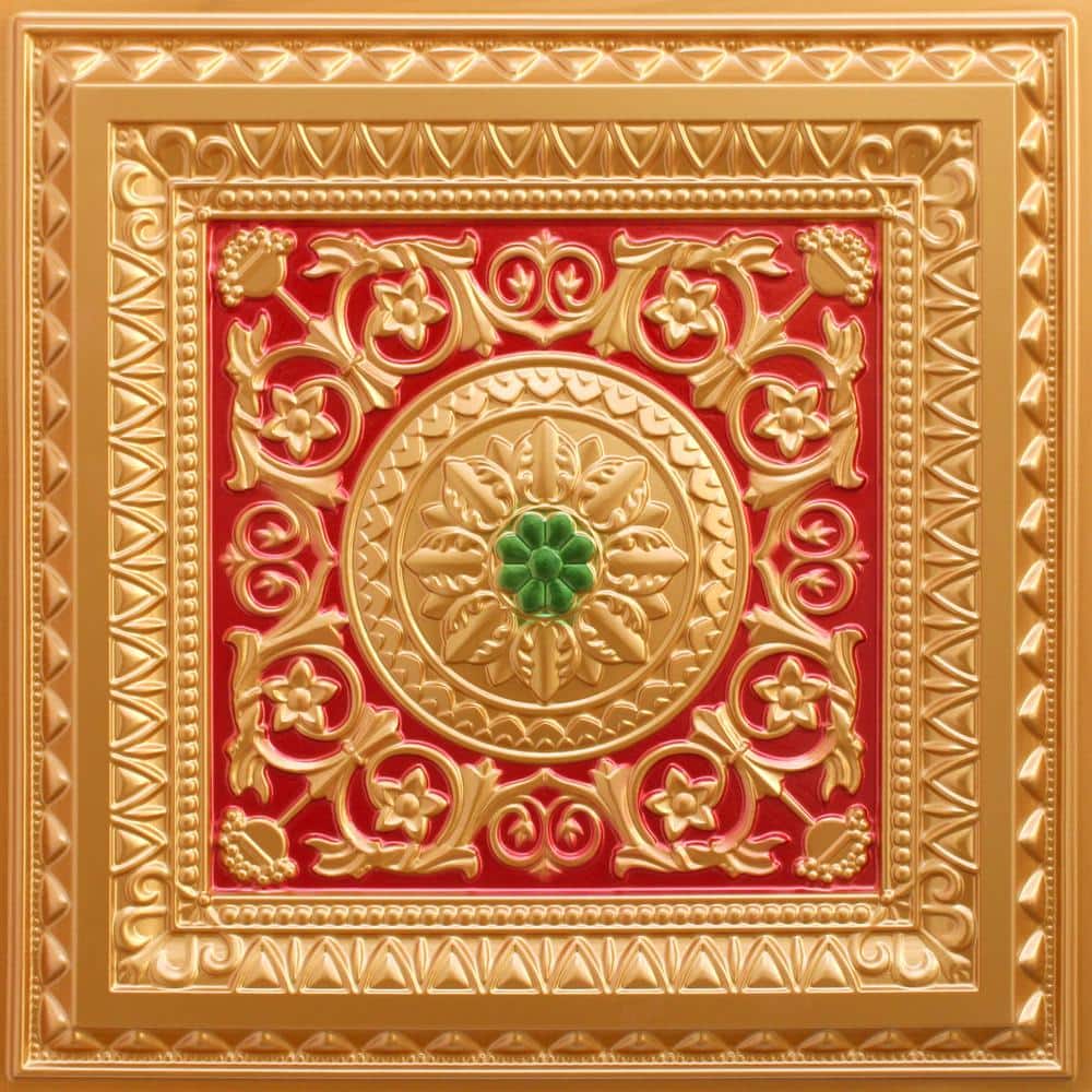 Dundee Deco Falkirk Perth Gold-Red-Green 2 ft. x 2 ft. Decorative Victorian Glue Up or Lay In Ceiling Tile (200 sq. ft./case) (1)