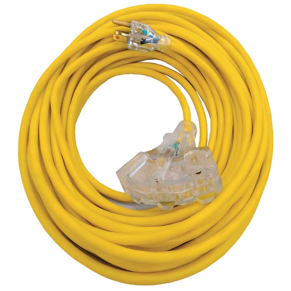 Husky 50 ft. 14/3 Medium Duty Indoor/Outdoor Extension Cord with Multiple Outlet Triple Tap Lighted End, Yellow (3)