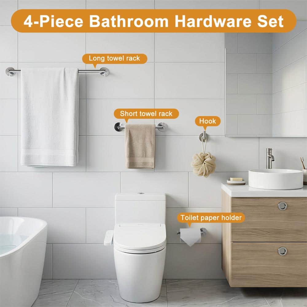 HMMHVV 4-Pieces Bathroom Hardware Set Modern Bathroom Towel Bar Set Stainless Steel Wall Mounted Towel Rack Set Brushed Nickel (2)