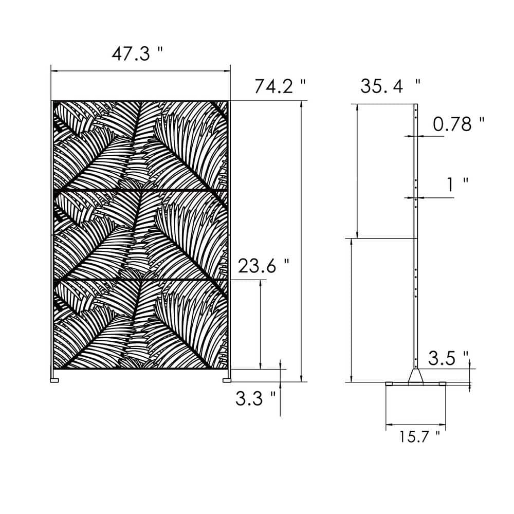 KOZYARD Powder Coated Galvanized Steel Privacy Screen 74 in. H x 47.2 in. W Decorative Fence with Stand (Black Palm Leaf) (3)