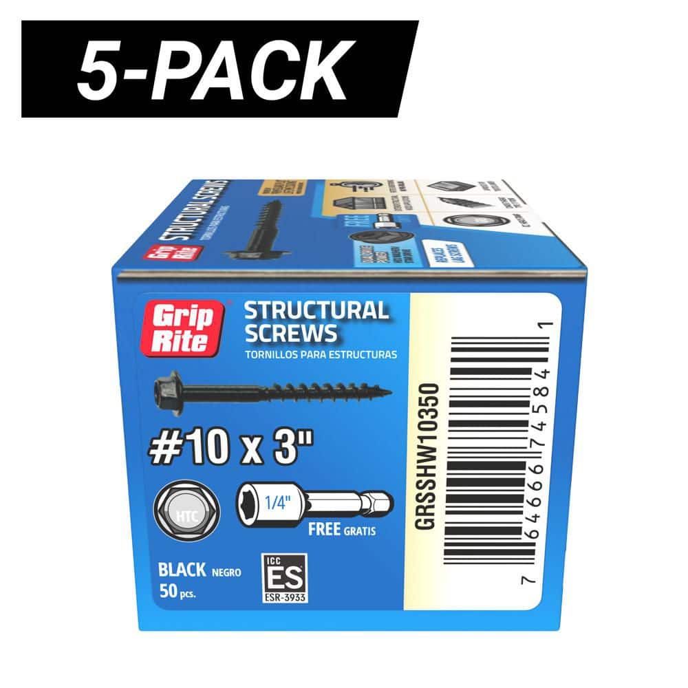 Grip-Rite 5-Pack #10 in. x 3 in. Hex Drive Hex Head Structural Screws 50 Per Box/250-Piece
